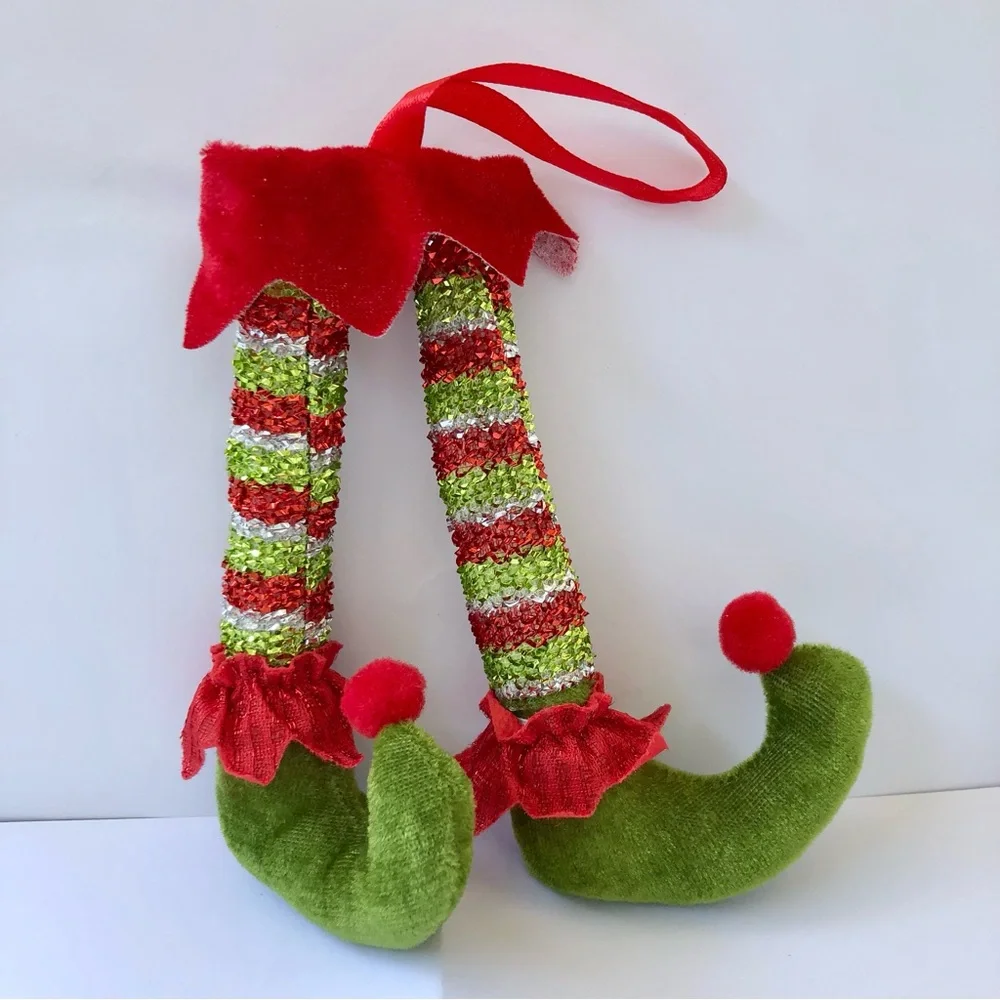 Festive Pixie Elf Legs shoes Christmas Ornament - Red & Green sparkle Grinch